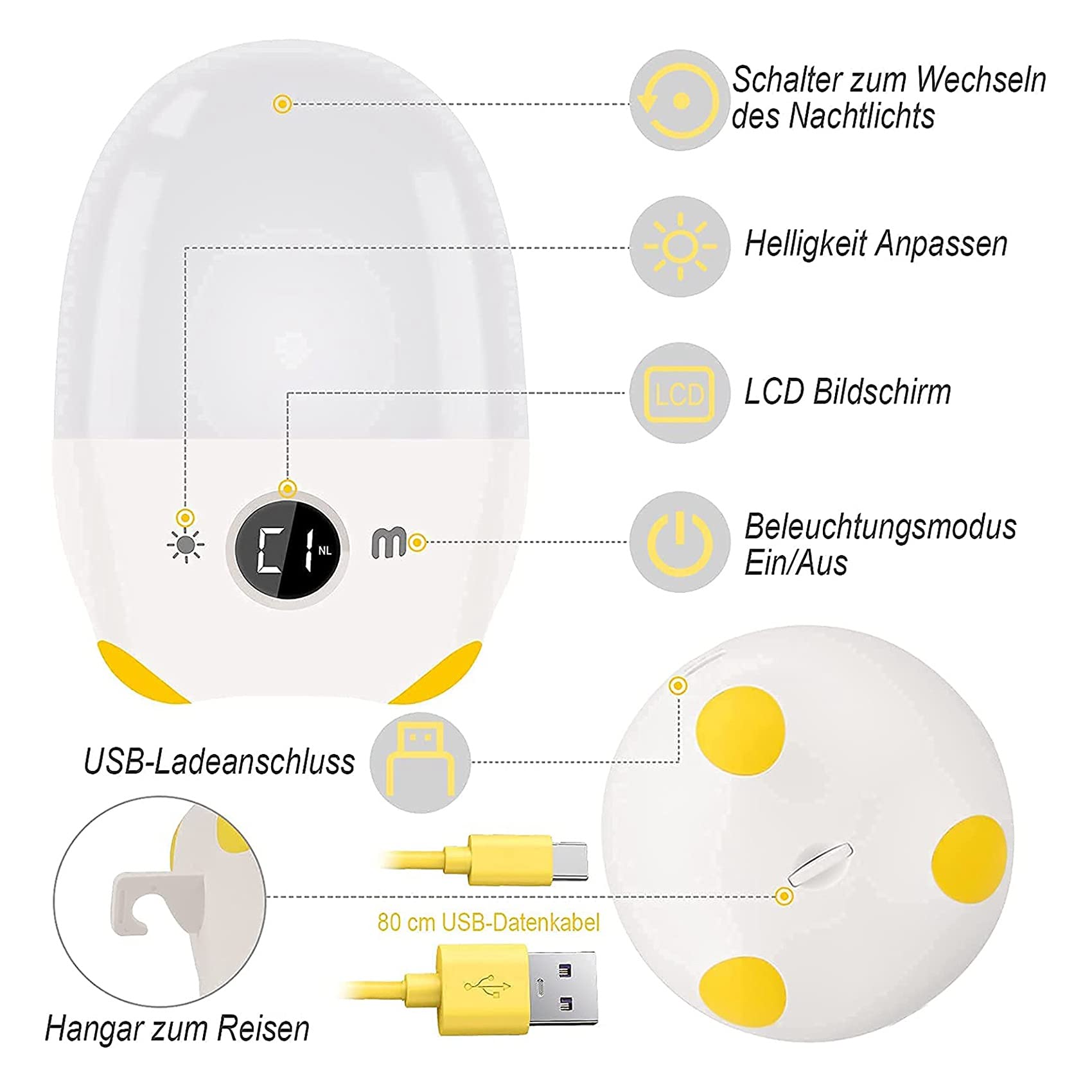 Veilleuse LED pour enfants, lampe de chevet avec réveil, minuteur, rechargeable par USB, lampe de table d'ambiance à intensité variable