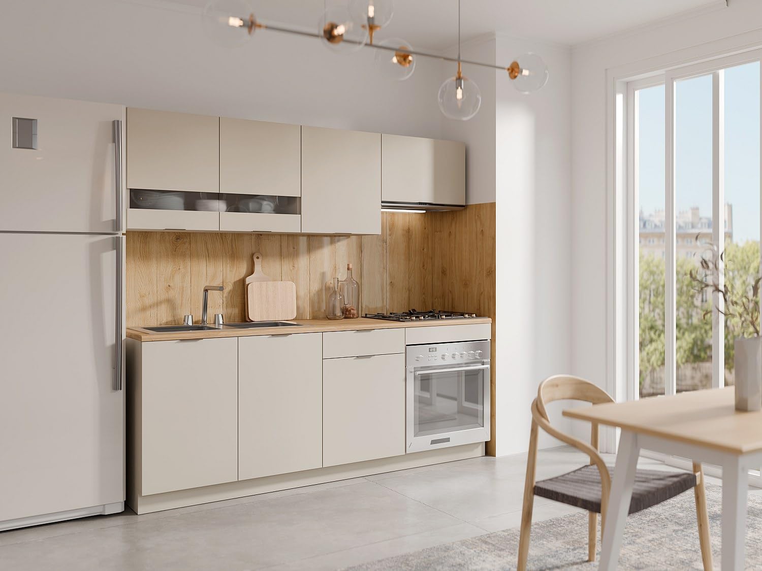Vente-unique - Cocina Completa - con encimera de 200 cm - Beige y Natural - CARMEO
