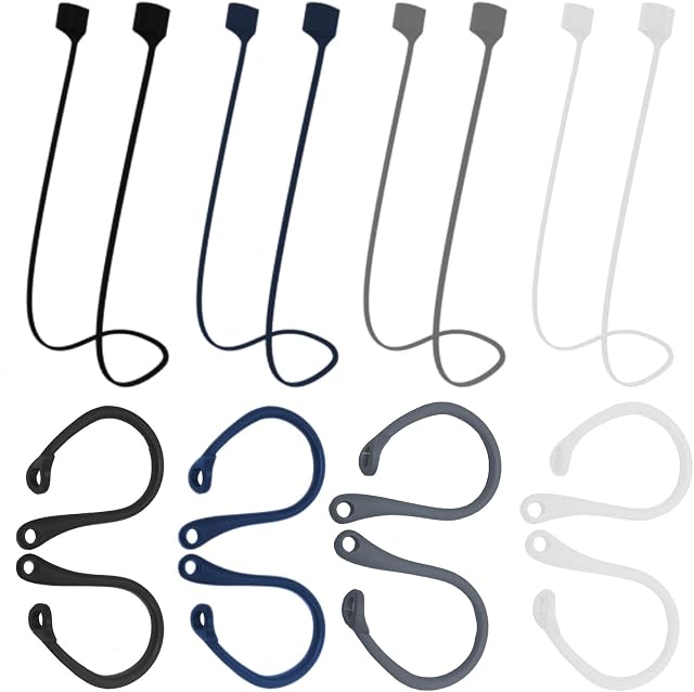 4 Pairs Ear Hooks for Earphones, with 4 Pcs Earphone Anti Lost Strap Silicone Anti-Lost Wire Anti-Lost Cord of Wireless Earphones Ear Hooks Earphone Loops Replacement Ear Hooks for Sports Running