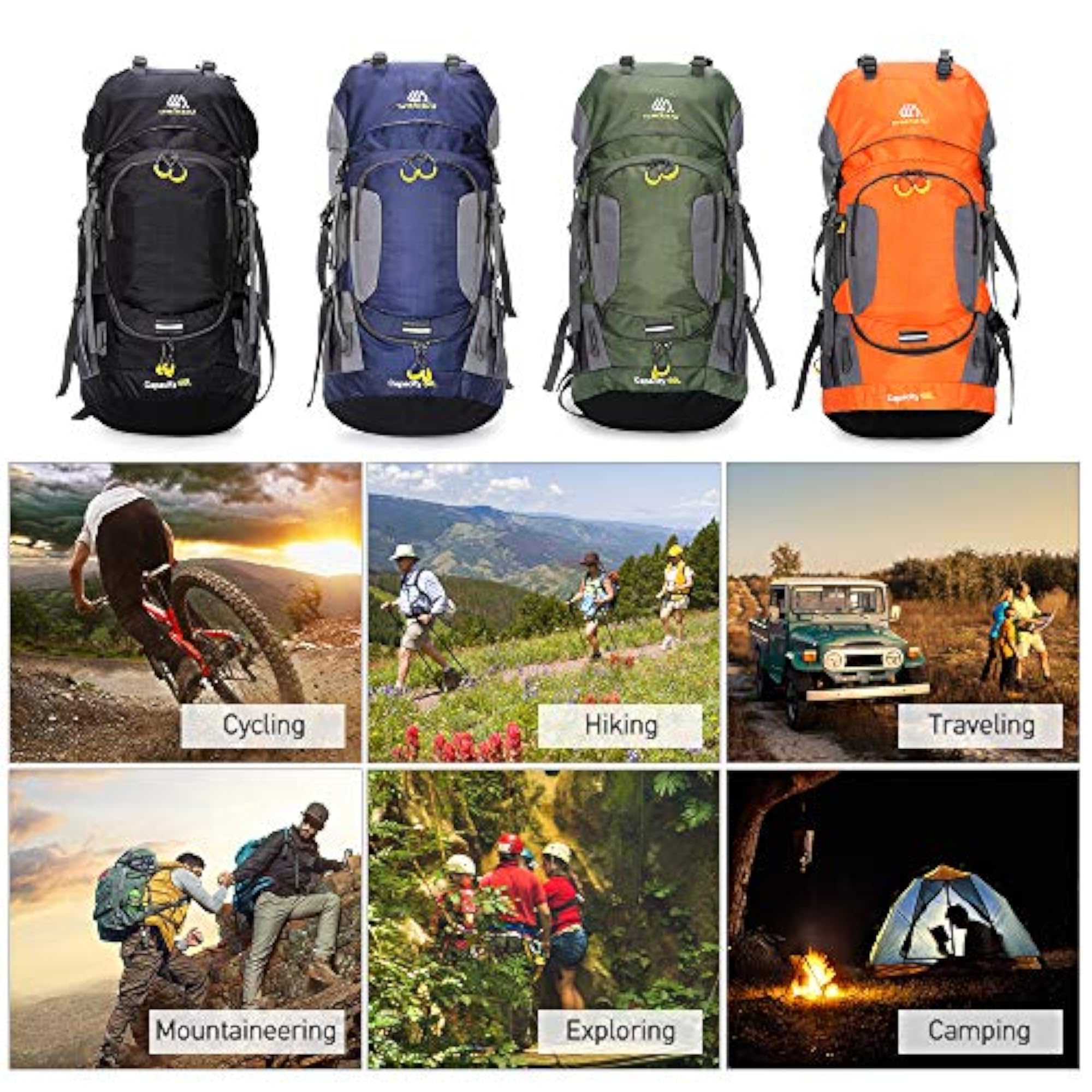 60L Waterproof Hiking Backpack with Rain Cover, Sport Bag