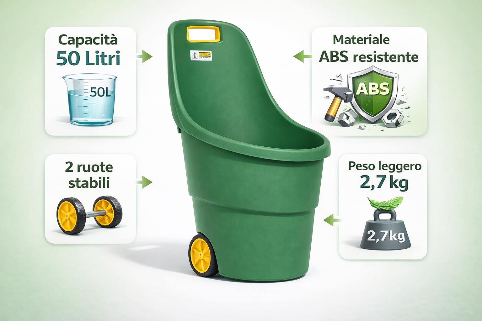 Carriola da Giardino 50L con Ruote – Carrello Portatutto Multiuso in ABS, Leggera e Resistente, Carrello Porta Attrezzi per Giardinaggio, Orto, Trasporto Foglie e Materiali – 57x53x89 cm