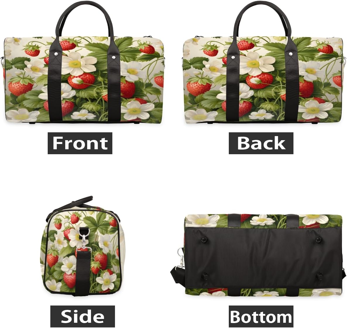 Strawberry Flower Leaf Watercolour Travel Duffel Bag for Women Men Large Capacity Overnight Weekender Bags for Lightweight Waterproof Sport Gym Bag for Workout Yoga Swim