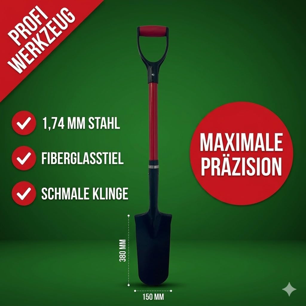 Drainagespaten 380 x 150 mm mit Fiberglasstiel & D-Griff – Stabiler 1,74 mm Stahl Grabenspaten mit Tritt – Profi Kabellöffel, Pflanzspaten, Gartenspaten – Schwarz pulverbeschichtet