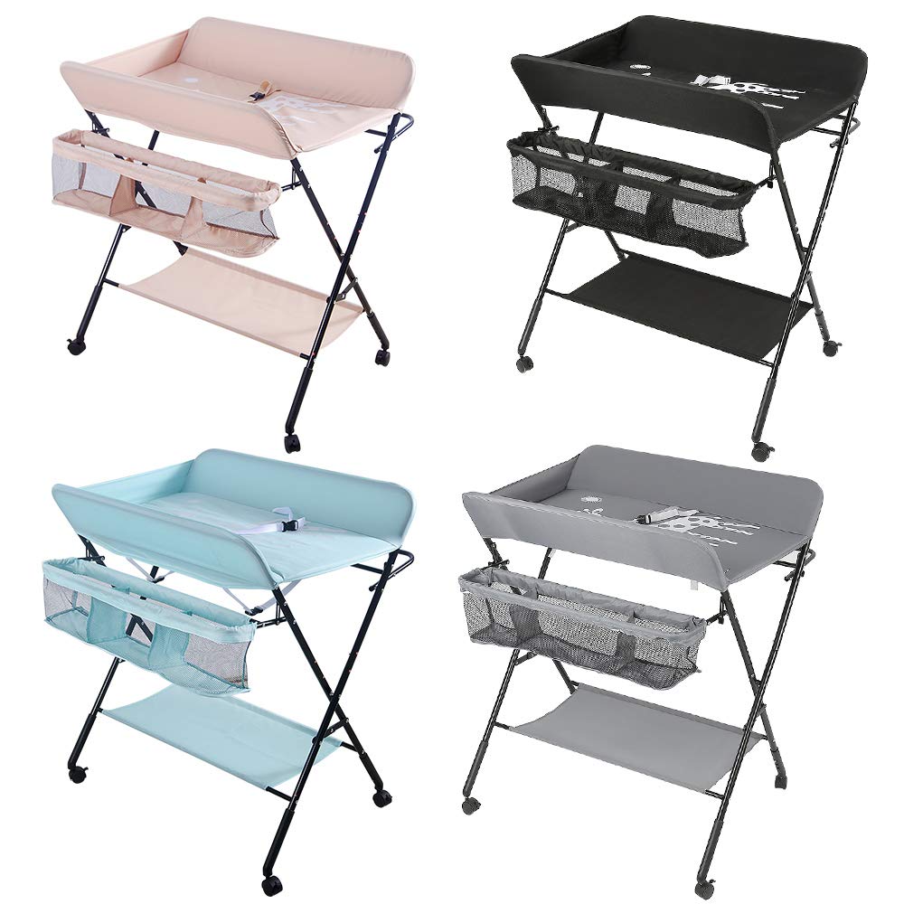 Mueble Cambiador Bebe Plegable y Portátil, Cambiador con 4 Ruedas, 3 Posiciones de Ajuste de Altura, Bañera Cambiador con Patrón de Jirafa (cielo azul)