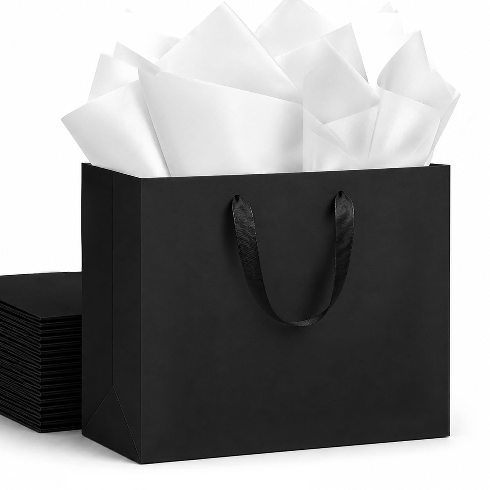 OfficceCastle 4 Pack Black Paper Bags, Extra Large 16x6x12 inch Gift Bags with Handles and 10 White Tissue Papers, Ideal for Weddings, Birthdays, Parties, Business (XL, 4pcs) — image 1