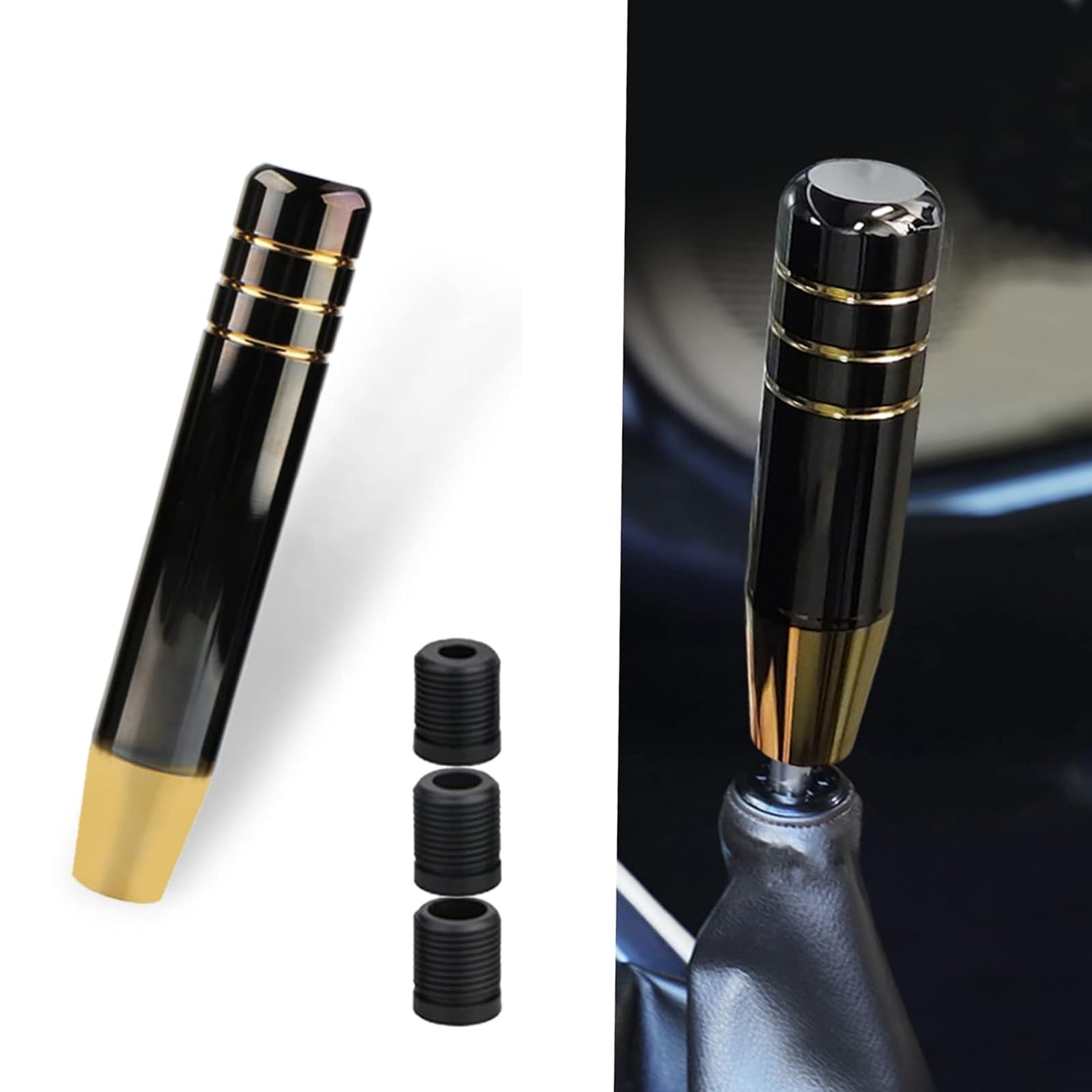 1 PC Car Gear Stick Shifter Knob with 3 Threaded Adapters, 7.08In Waterproof Metal Manual Vehicle Shifting Lever, Universal Automotive Shift Head Accessories (Black & Gold)