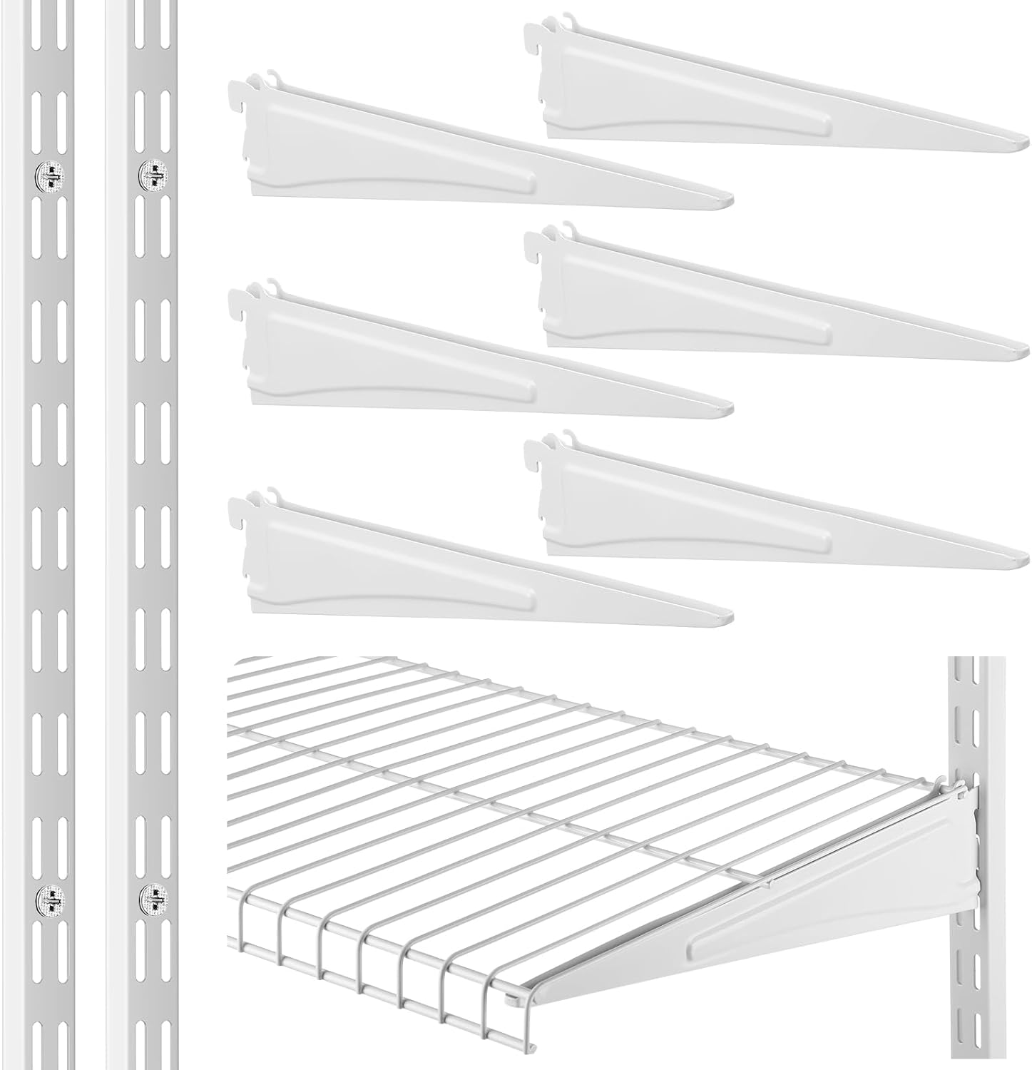 2 Pcs 47.5 Inch Twin Rail Upright Wall Shelving System with 6 Pcs 12 Inch Locking Shelf Bracket Adjustable Closet System Heavy Duty Metal Support for Deep Wire Shelving Kitchen Closet Home