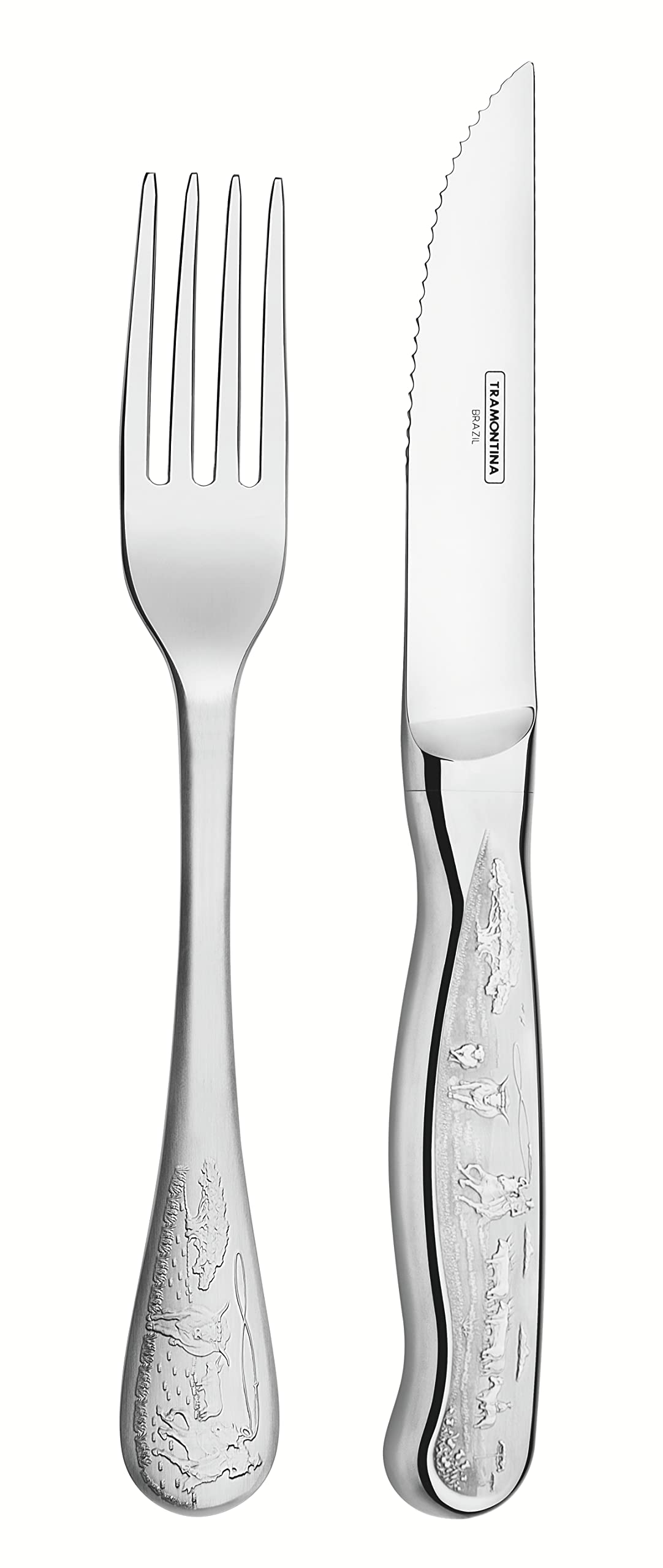 TramontinaClassic 4 Pieces Stainless Steel Barbecue Flatware Set with Polished Finish, Relief Designed Handles and Case