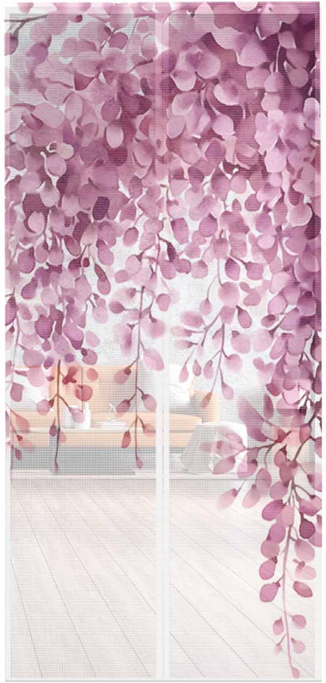 Pink Eucalyptus Magnetic Screen Door, Watercolor Spring Plant Leaves Branch Hands Free Screen Mesh Size 38" x 83", Reinforce Heavy Duty Mesh Screen Doors for Patio/Front/Sliding Door