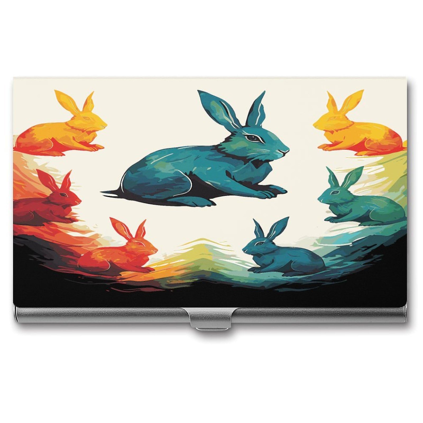 FekiLoot Rainbow Rabbit Business Card Holder for Men Women Metal Slim Organizer Business Card Carrier Wallet Name Cards Holder Retro Slim Pocket Purse Small Portable Card Case