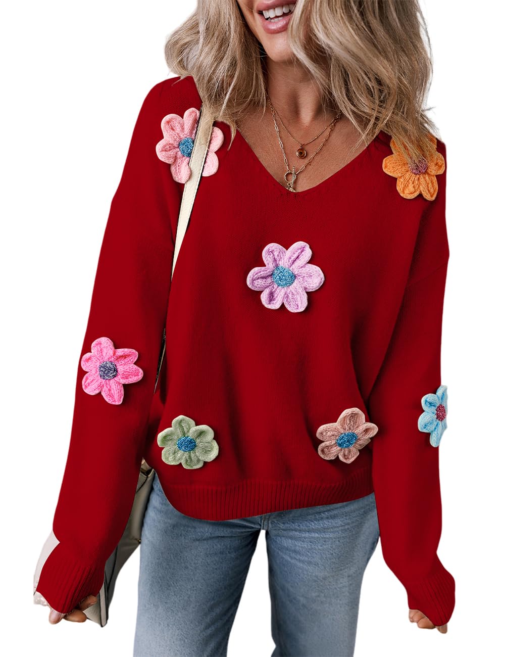 Ecosunny Sweaters for Women 2024 Long Sleeve V Neck Crochet Flower Sweater Pullover Tops Trendy Knit