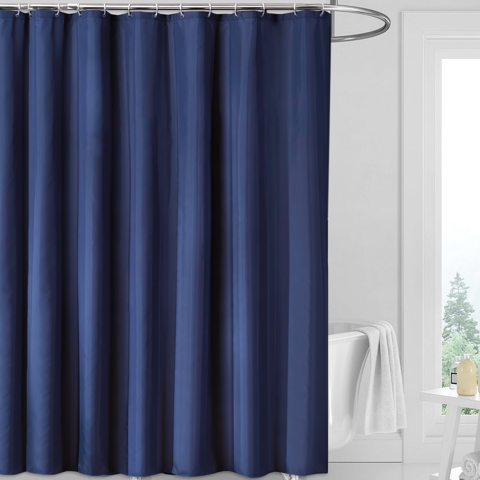 FAVORTALK Blue Shower Curtain Mould Proof Resistant 180x180cm Waterproof Bathroom Curtain with 12 Hooks Solid Navy Polyester Fabric Shower Curtains Washable 43707