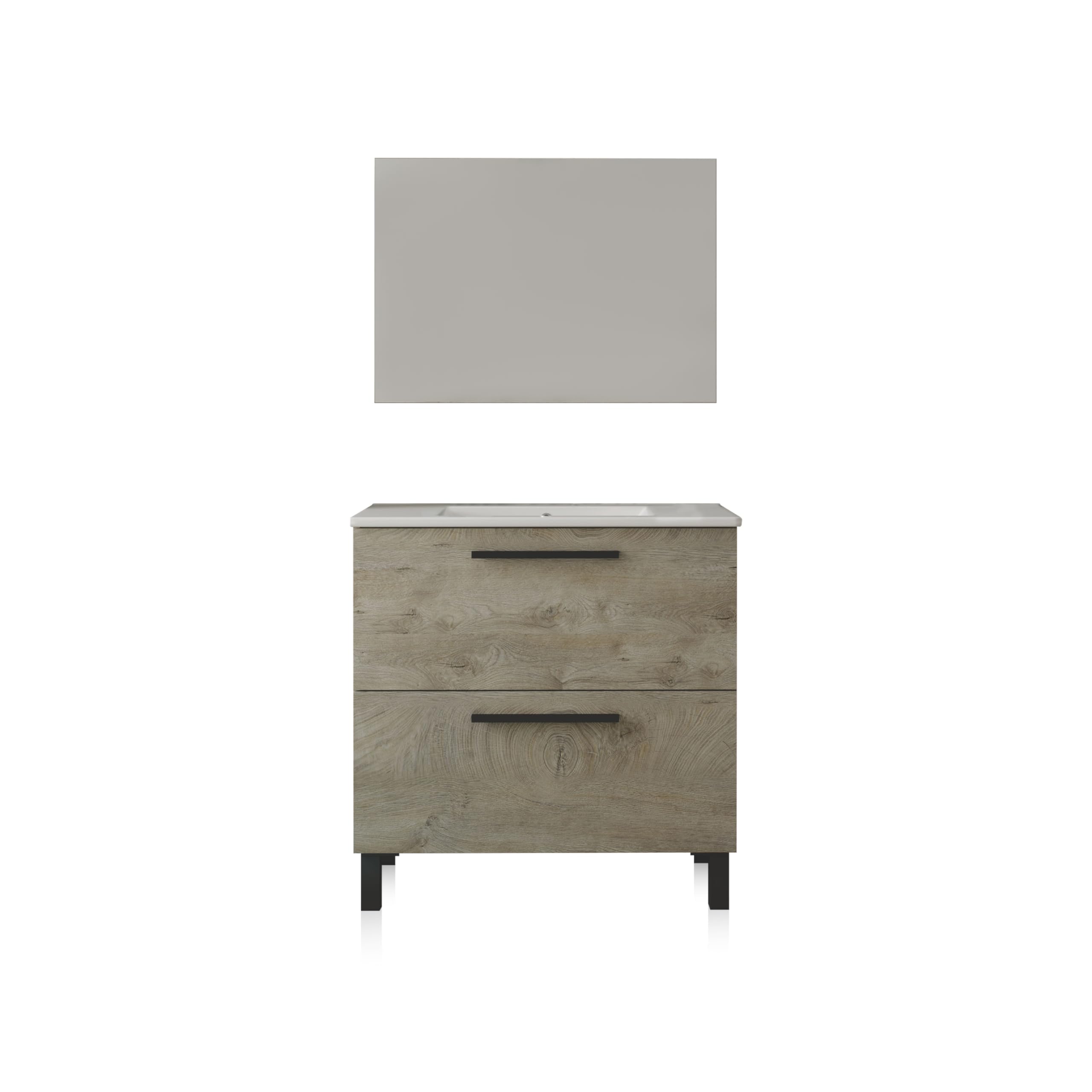 duehome | Mueble de Baño con 2 Cajones y Espejo, Modulo Lavabo, Modelo Sense, Acabado en Roble Alaska, Medidas: 80 cm (Ancho) x 80 cm (Alto) x 45 cm (Fondo)