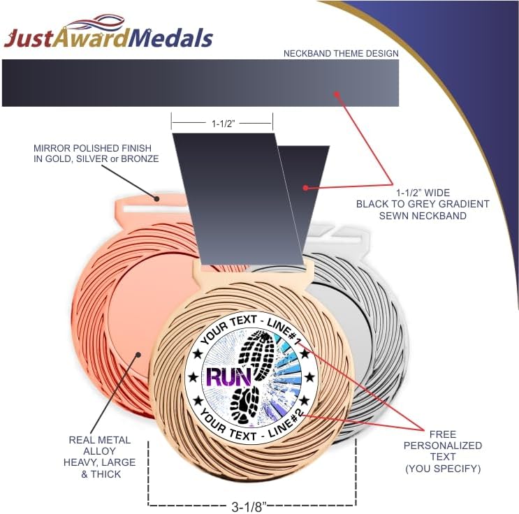 10 Pack Run Award Medal, Custom Text Medallion Design. for 5K, 10K, Track, Marathon or Other Running Event Awards. Large 3-1/8”W x 3-1/2”H Quality Medal Printed in USA
