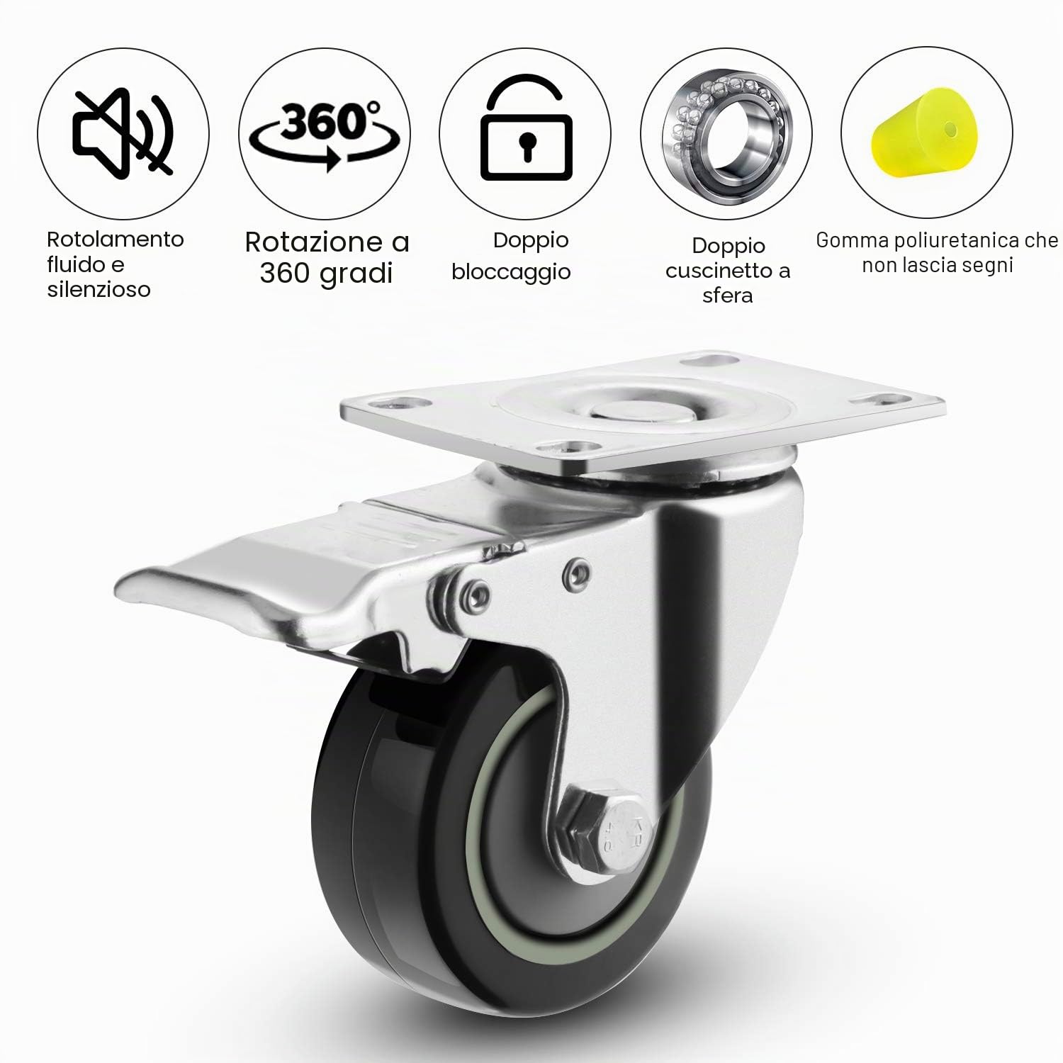 COOCHEER Set di 4 Ruote con freno,75 mm Ruote per mobili,Ruote girevoli, Nero(400KG)