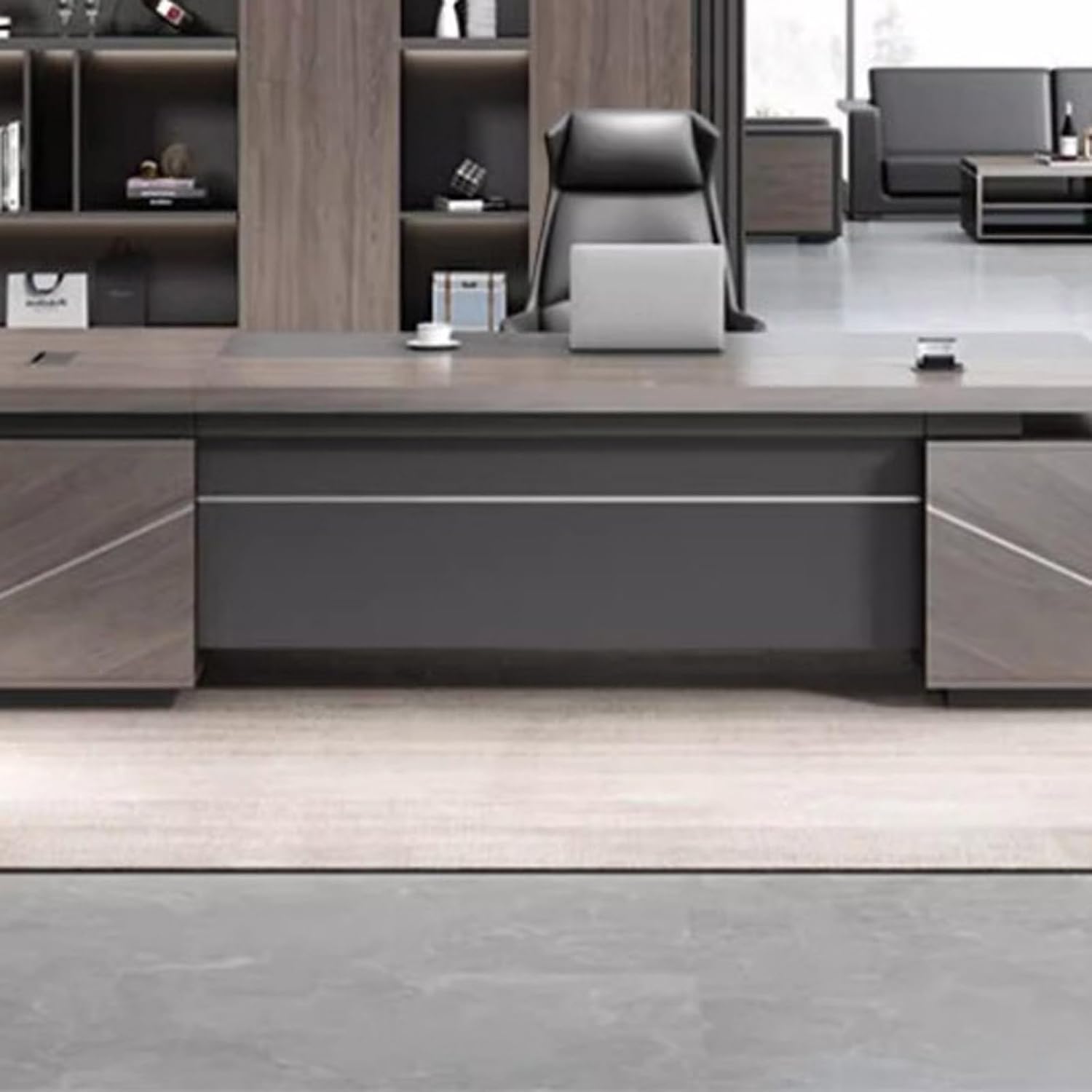 94" Gray L Shaped Executive Office Desk, Modern Large Home Computer Table with Open Storage Shelf and USB Port Study Gaming Table Business Workstation Set for CEO, Boss image 4