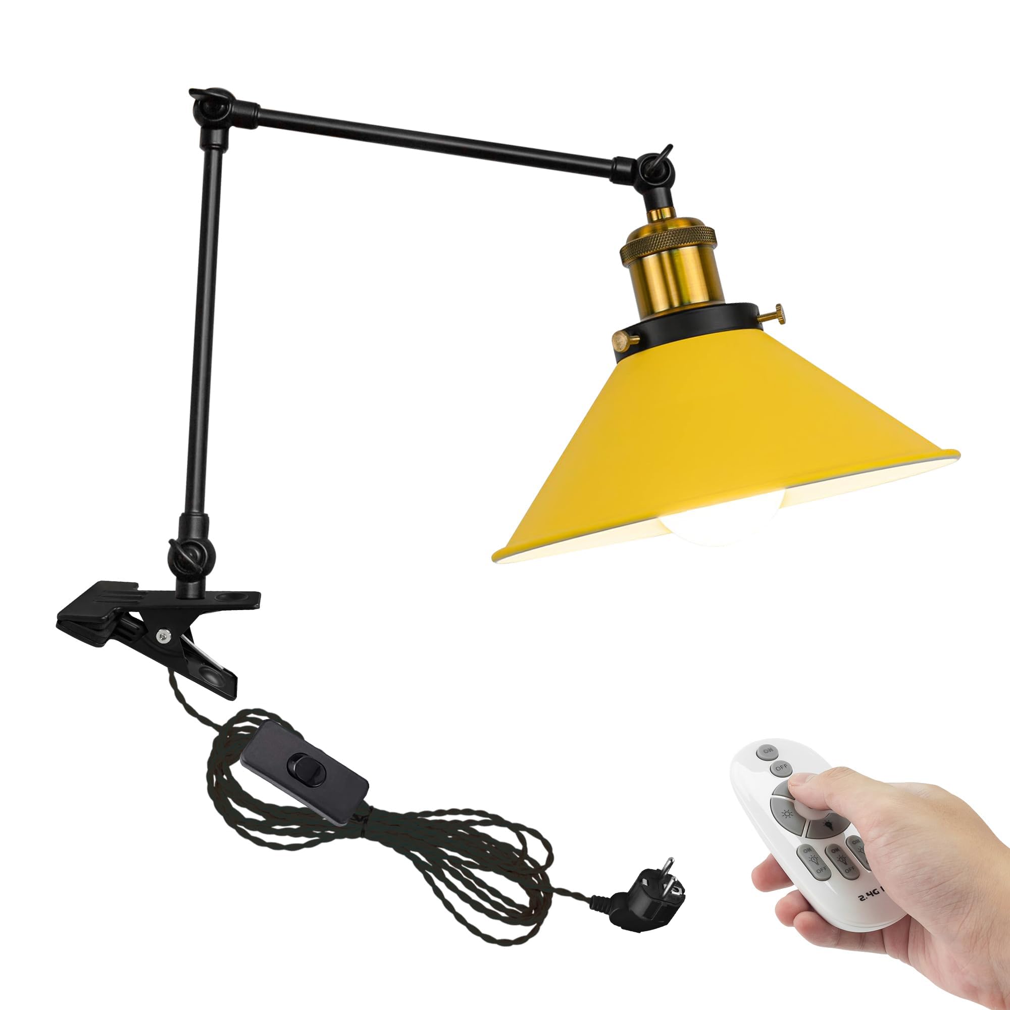 Industrial Klemmleuchte mit Fernsteuerung, Einstellbar Clip auf Schreibtisch Leselampe,Dimmbar Clamp Nachttischlampe mit Flexarm für Schreibtisch Nachttisch Regal-Gelb TD0633
