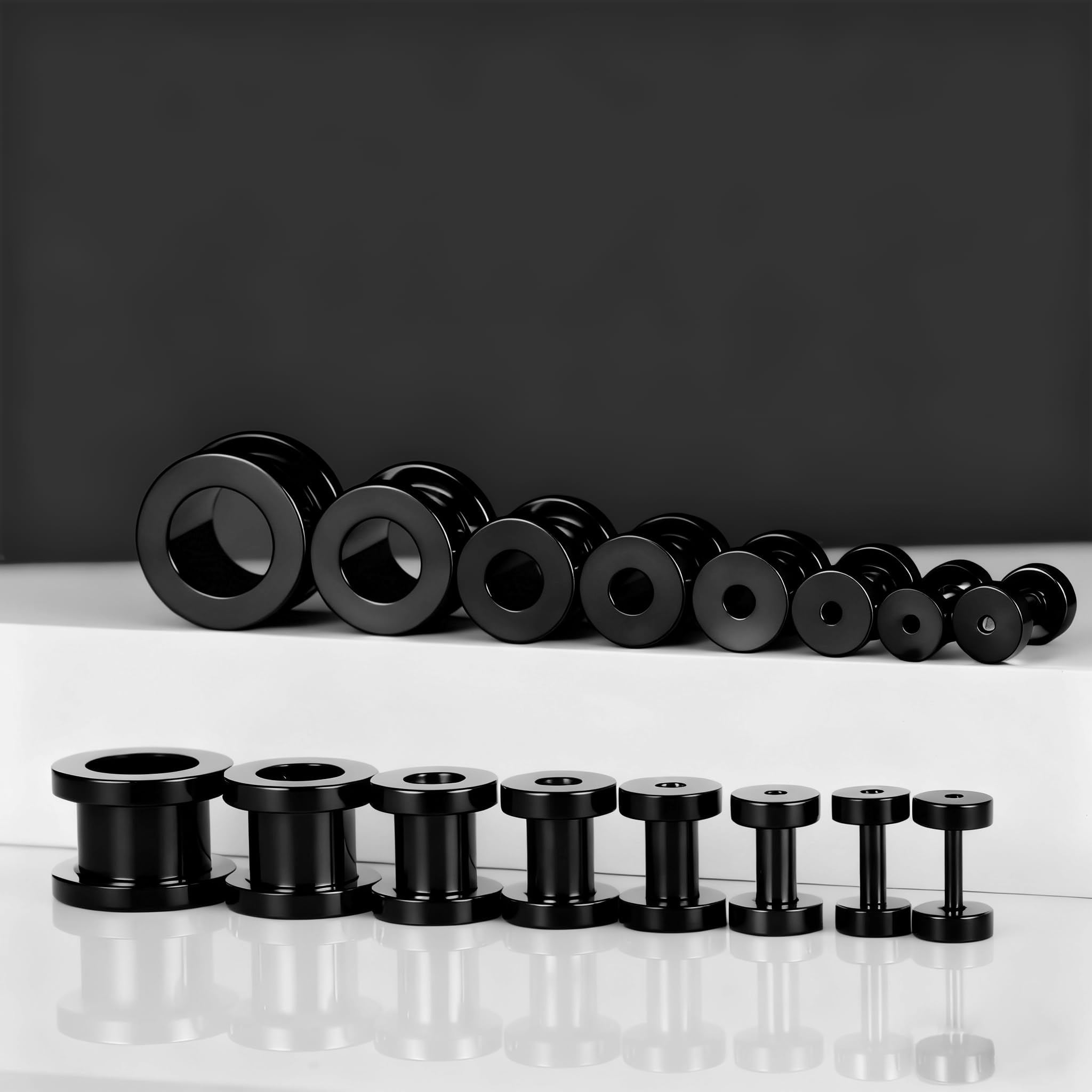 Vankula Set di 16 dilatatori per orecchie, 1,4 – 10 mm, a doppia svasatura, dilatatore, dilatatore estensibile, in acciaio inox, per fori d'orecchio, gioielli nero, oro, argento