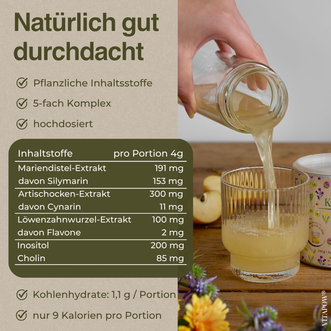 Leber Komplex als Trinkpulver mit Mariendistel Artischocke Löwenzahn Cholin Inositol - ohne Zuckerzusatz, vegan, in Deutschland hergestellt - Apfel-Zitronen-Geschmack - 60 Portionen für 2 Monate
