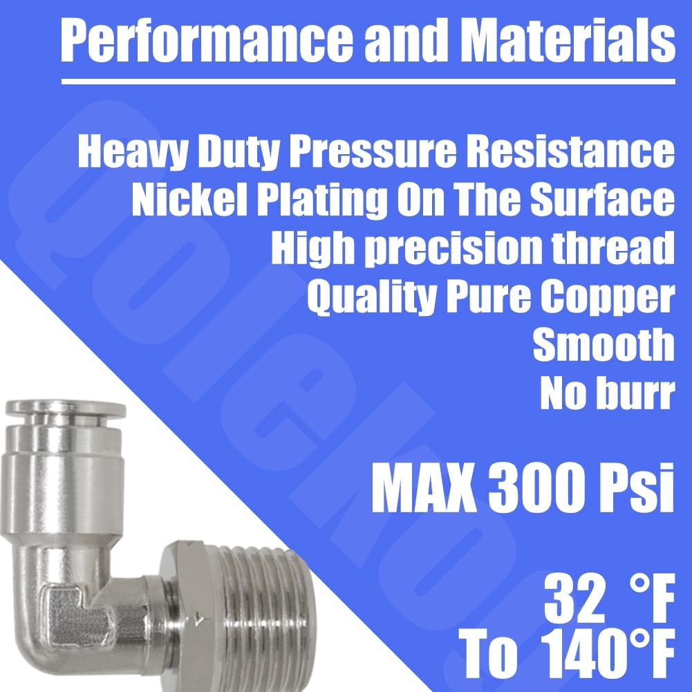 Pneumatic Push To Connect Fittings Heavy Duty Elbow 3/8 inch Tube OD x 1/2" NPT Male Thread Nickel Plated Copper PL-3/8-N4 (5Pcs)