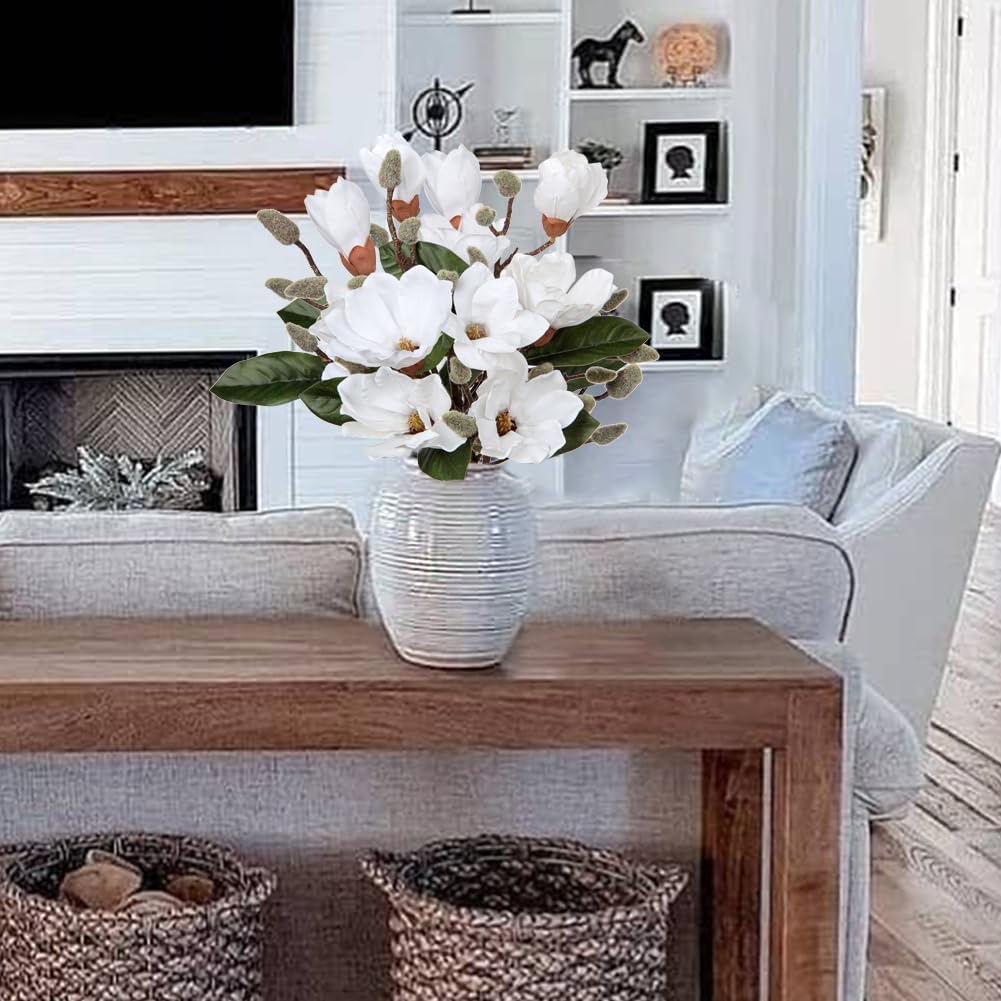 DILATATA Magnolia Artificial Flowers Stems 17.7" Real Touch Branch for Office Vase Table Centerpiece - Home Decor Fake Flowers Beige White - 5pcs