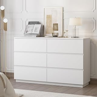 Merryluk Chest of Drawers 6 Drawer White Tallboy, Dresser Clothes Storage Cabinet Organizer Lowboy Bedside Table Bedroom Furniture Home Living Room Hallway Entryway Kitchen