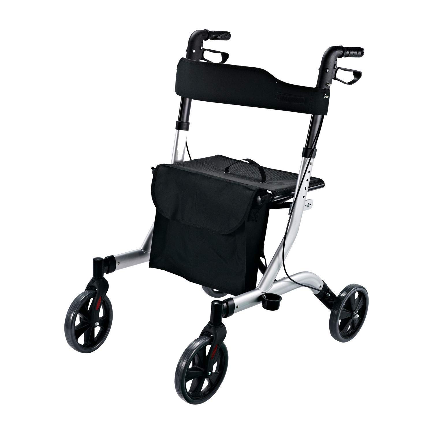 Aluminum Folding Adjustable Medical Rollator Rolling Walker with Seat 8" Wheels Hand Brake System Ideal for Disabled Senior Elderly People Walking Rehabilitation Training Indoor Outdoor Hospital Use
