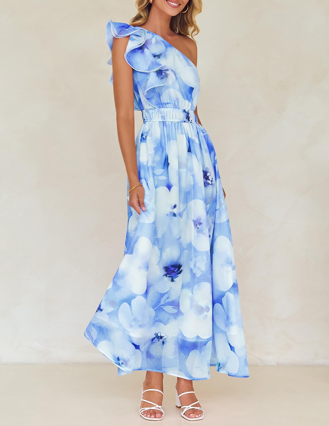 ZESICA Women's 2026 Boho Floral Sleeveless Maxi Dress Ruffle One Shoulder Elatsic High Waist Beach Party Long Dresses - Image 7