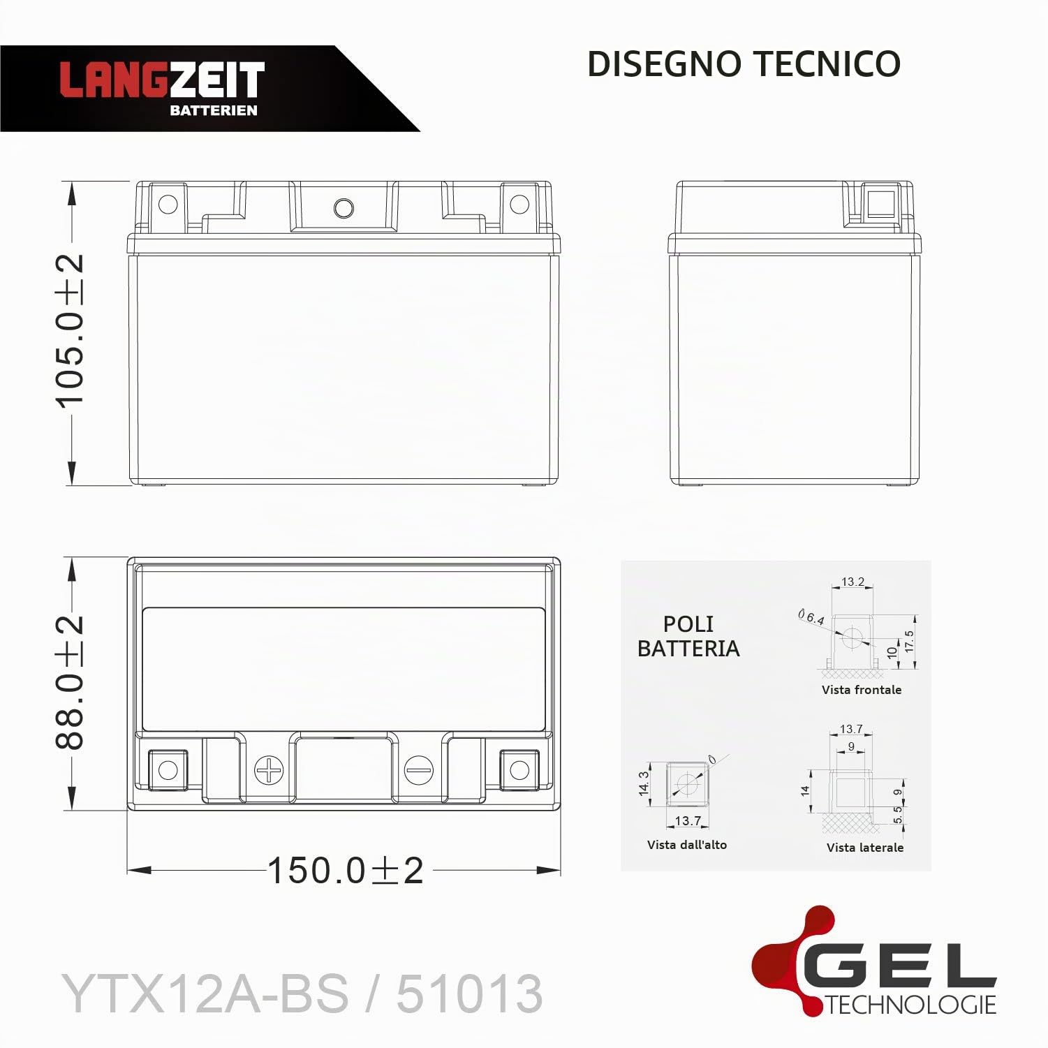 LANGZEIT YTX12A-BS batteria moto 12V 12Ah GEL YT12A 51013 sostituito 10Ah