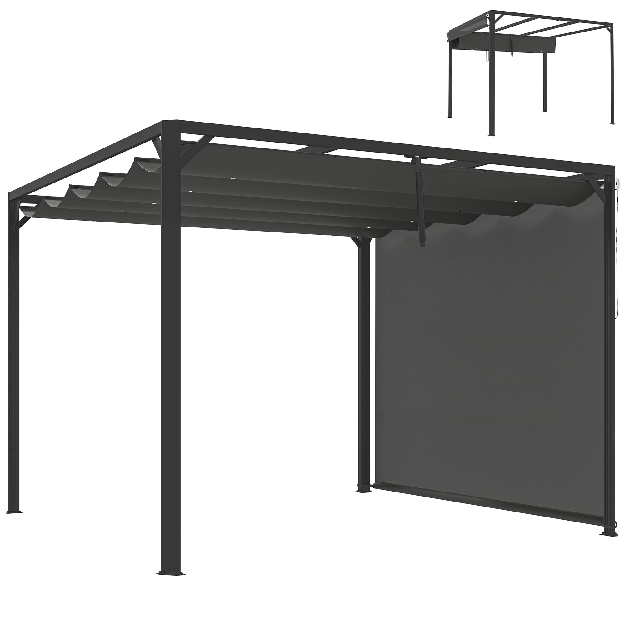 Outsunny Pérgola de Jardín 3x3 m con Techo Retráctil, Pared Lateral Enrollable y Estructura de Aluminio, Cenador de Jardín con UPF30+, Pabellón para Exterior, Patio, Terraza, Gris Oscuro