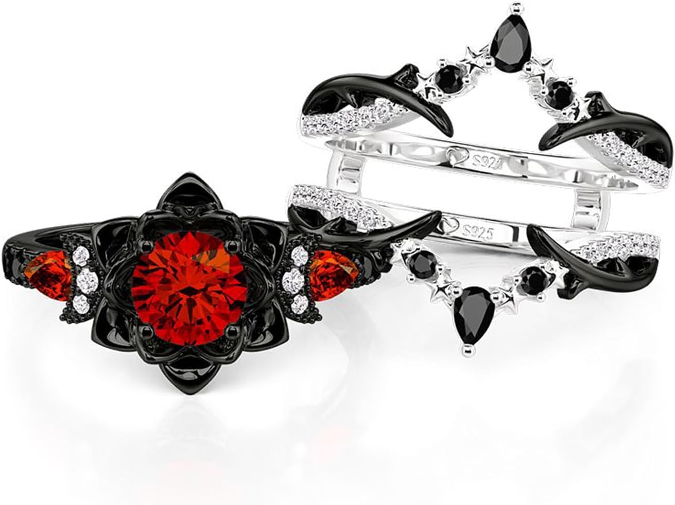 Jeulia 2PCS Wedding Ring Set Black Tone Red Gemstone Three Stone Ring Moon Star Motifs Gothic Stackable Bridal Ring Set Vintage Floral Engagement Promise Jewelry Gift for Women