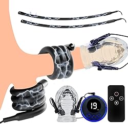Fineim Funda for glande de silicona con descarga eléctrica SM con anillos for el pene, anillo for testículos, conjunto de entrenador de pene SM, dispositivos de corriente de electroestimulación con co