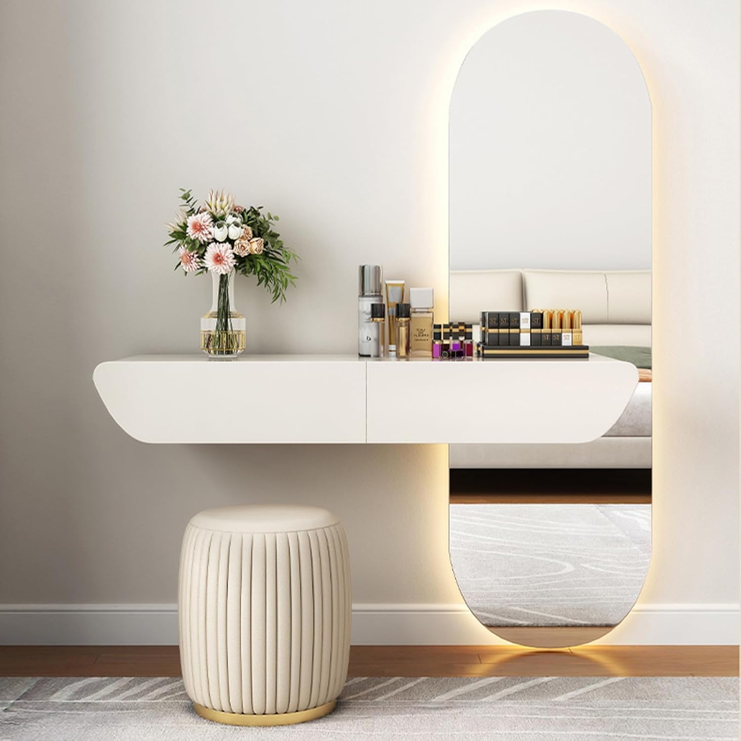 Modern Floating Vanity Table Set with LED Mirror and Stool, Wall Mounted White Dressing Table, Women Makeup Storage Drawer Shelf. (3, Right Side Mirror)