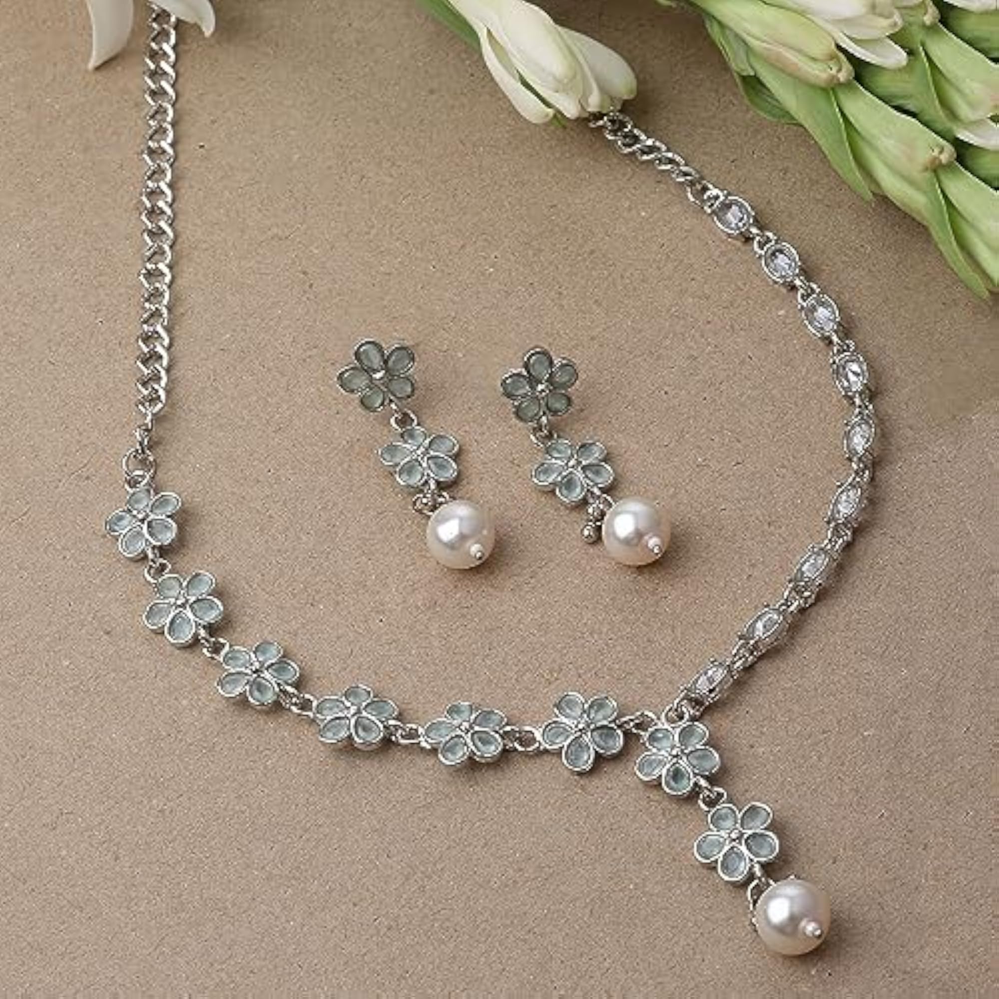 Oxidised Silver-Plated Flower American Diamond Necklace Earrings Set