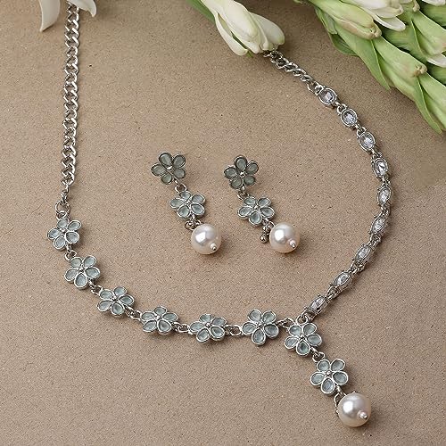 Oxidised Silver-Plated Flower American Diamond Necklace Earrings Set