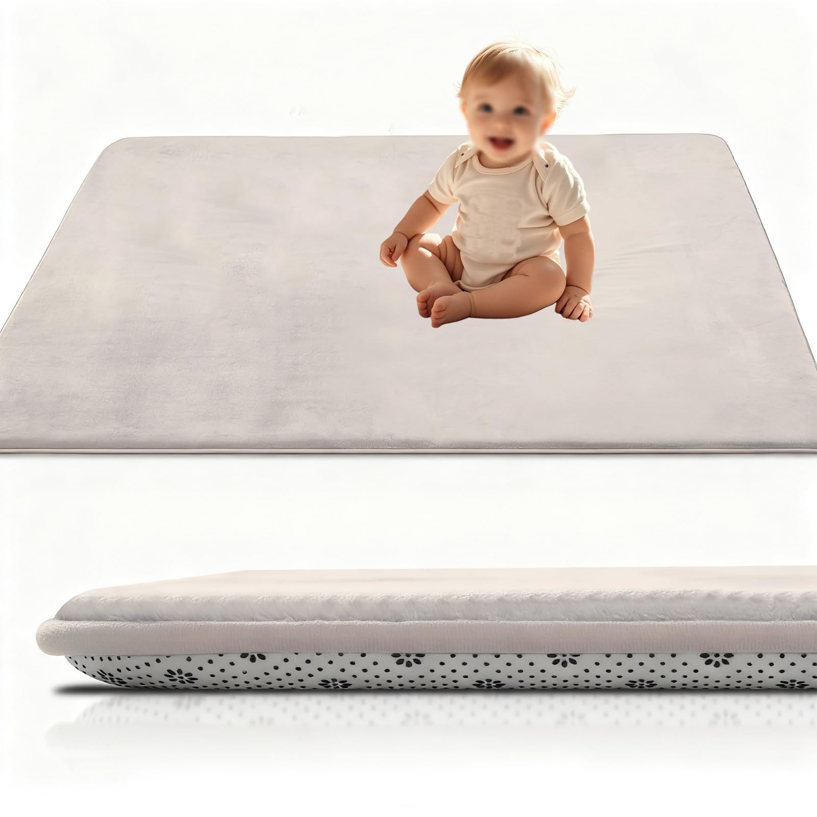 Tappeto Gioco Bambini 3 cm, Pieghevole e Lavabile - 150 x 150 cm Tappetone Neonato con Fondo Antiscivolo per Gattonamento per Box, Tappetino Gattonare Bambini in Velluto di Corallo Crema