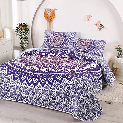 Bohemian Mandala Quilt Set 3D Printed Boho Chic Hippie Bedding With Quilt And Pillowcase Bohemian Comforter Set Purple Quilt Set Reversible Design Mandala Flower Bedding Set(Twin-68”*86”, Purple) #TOP1