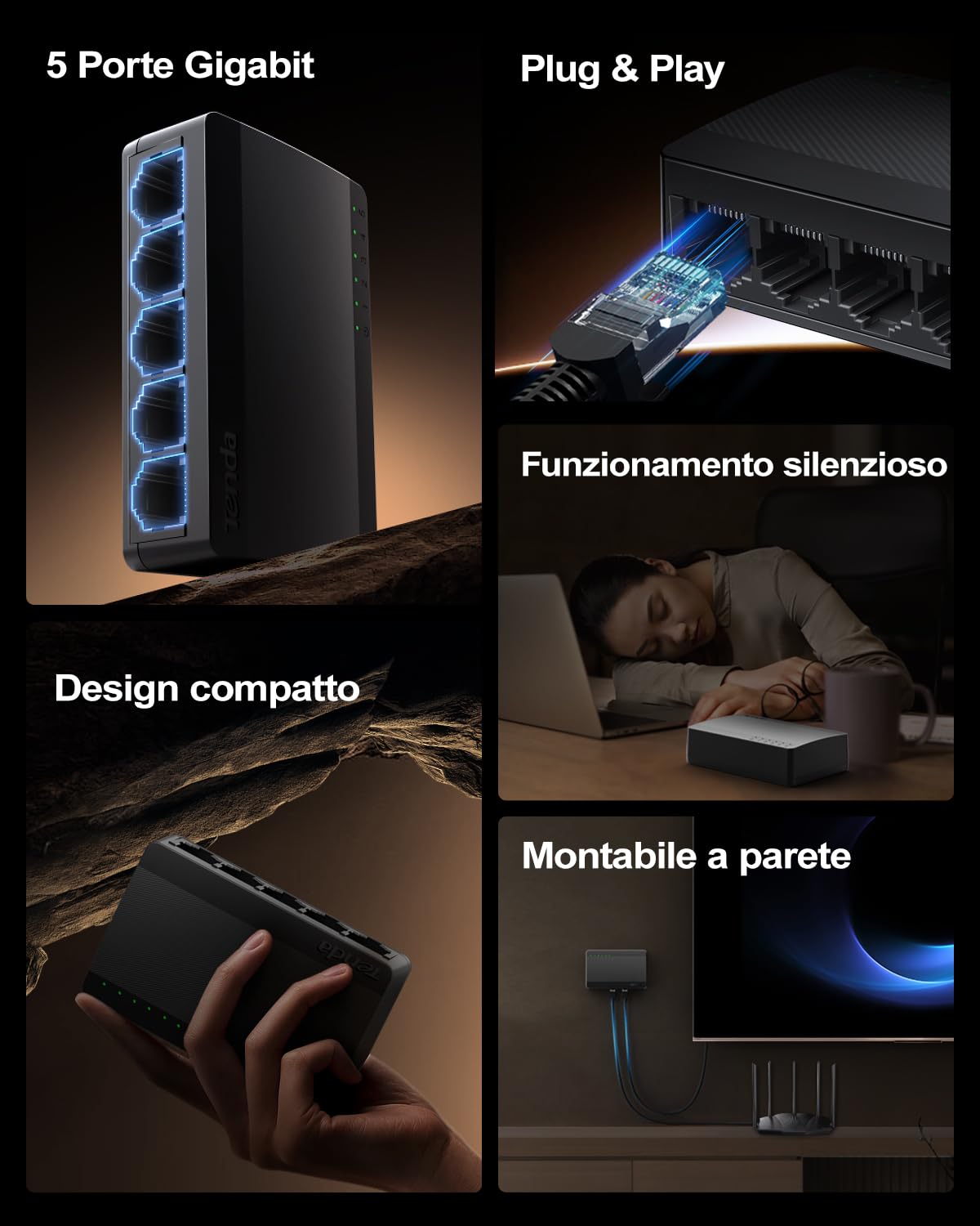 Tenda Switch Gigabit 5 Porte, Switch Ethernet 10/100/1000 Mbps, Switch di Rete con Indicatore LED, Plug & Play, Mini Formato, Montaggio Desktop o a Parete (SG105 V4.0)