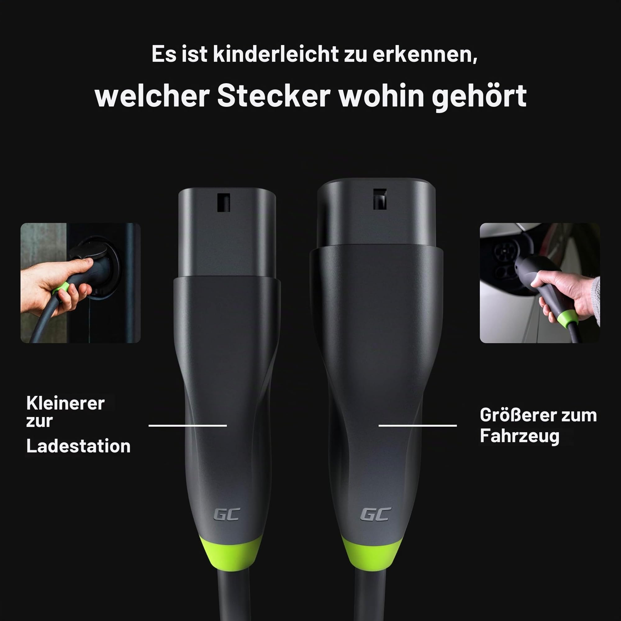 Green Cell GC Snap Typ 2 Ladekabel 11kW 7m 16A für EV Elektroautos Typ 2 auf Typ 2 3-Phasig TÜV Kompatibel mit Model Y 3 S X, ID.3, ID.4, ID.5, Q4 e-tron, 500e, IONIQ 5, Kona EV inkl. Premium Koffer