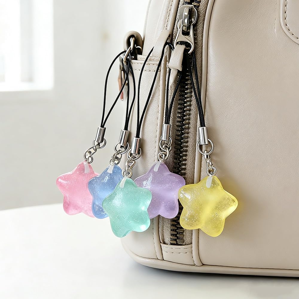 Yajuo 5Pcs Colorful Glitter Star Phone Charm Cute Phone Keychain Resin Cellphone Dangle Charms for Women Aesthetic Cellphone Accessories Charm Camera Purse Hanging Pendant Decorations for Birthday