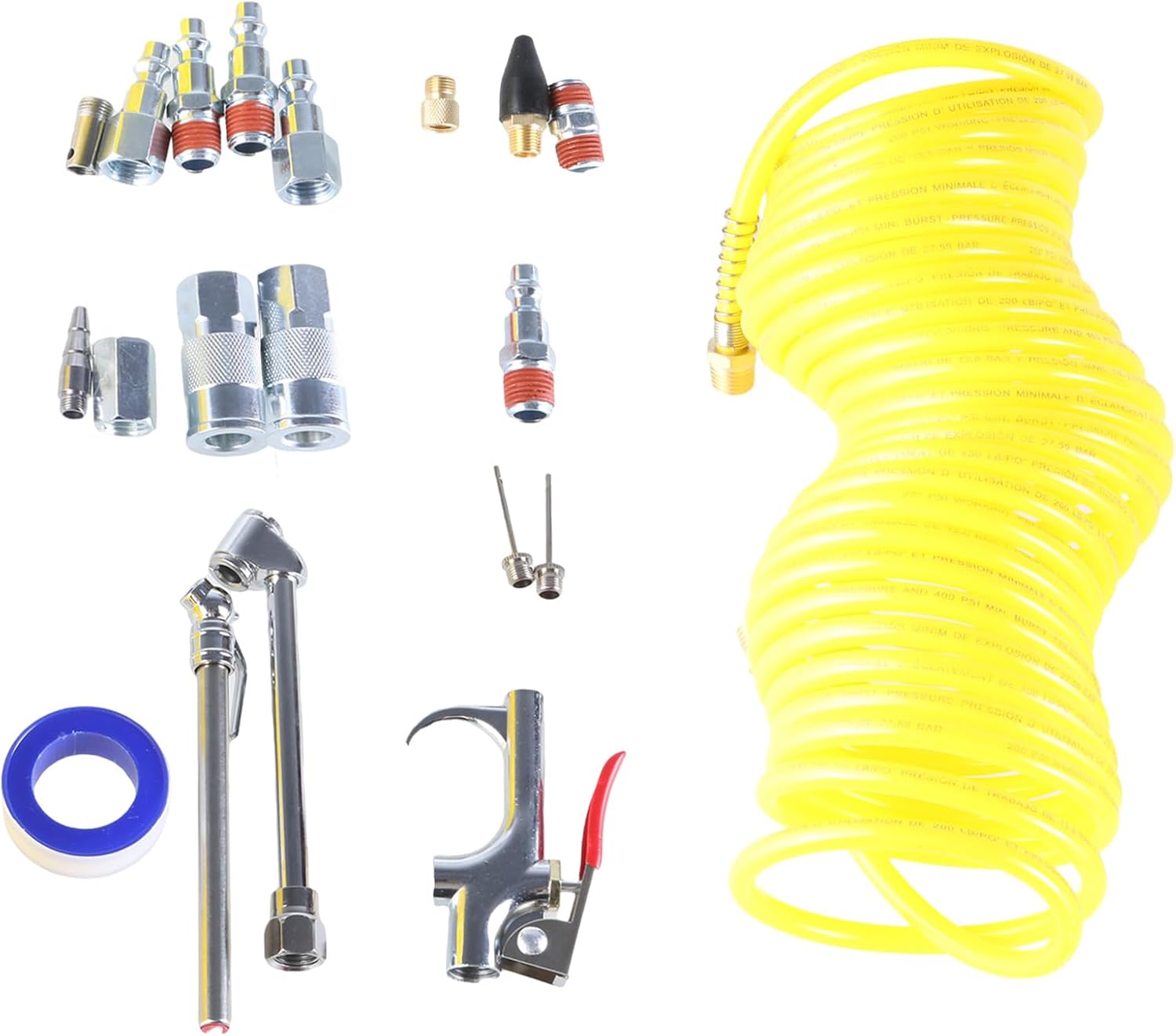 20Piece Professional Air Compressor Accessory Kits with Recoils Hose and Blow Guns for Inflation and Cleans Attachments