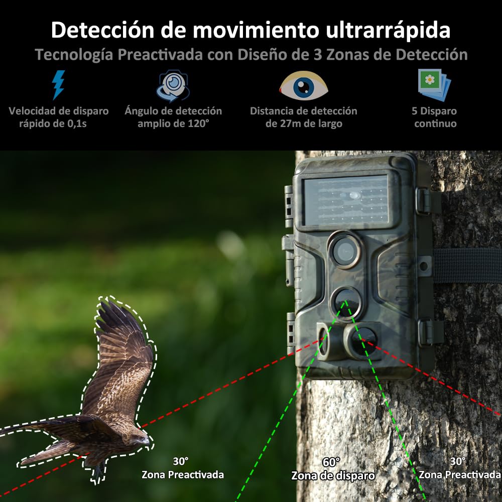 GardePro A3S Câmaras de Caça, Tarjeta de Memoria de 64GB 64MP 1296P H.264 Vidéo, Camara Fototrampeo con Alcance de Visión Nocturna de 30m y 0,1s Tiempo de Activación, LED IR de 940 NM No-Glow, IP66