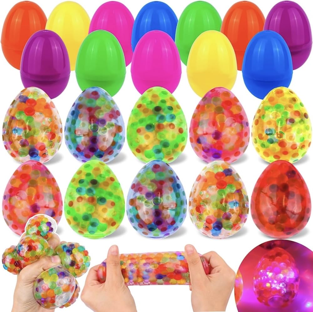 Photo 1 of 18 Pack Easter Eggs Filled with LED Chick Puffer Balls, Easter Basket Stuffers with Light Up Fidget Stress Toys Squeeze Balls Glow In The Dark Surprise Egg for Kids Boys Girls Easter Hunt Party Favors
