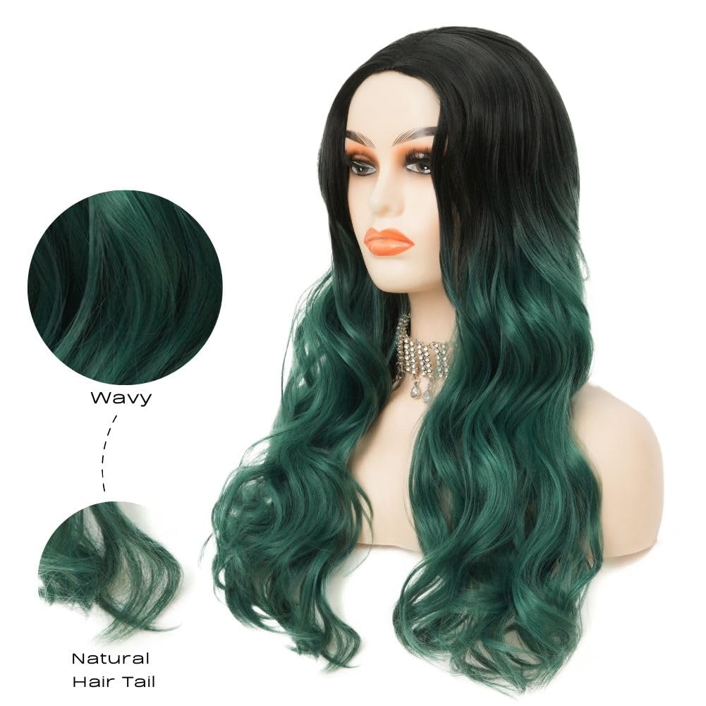 Siudus Black to Green Long Wavy Wigs for Women Curly Ombre Green Synthetic Natural Middle Part Wave Hair Wig for Halloween Daily Use - Image 4