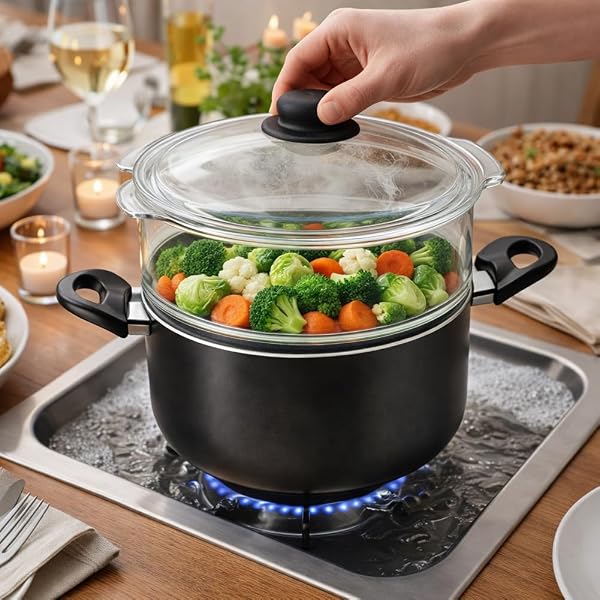 BAKAJI Casseruola con Vaporiera in Vetro da 20 cm con Pentola in Alluminio Resistente e Antiaderente, Inserto Forato in Vetro Sovrapponibile, Pentola Corpo Anti Graffio e Maniglie Ergonomiche (20 cm) - 2