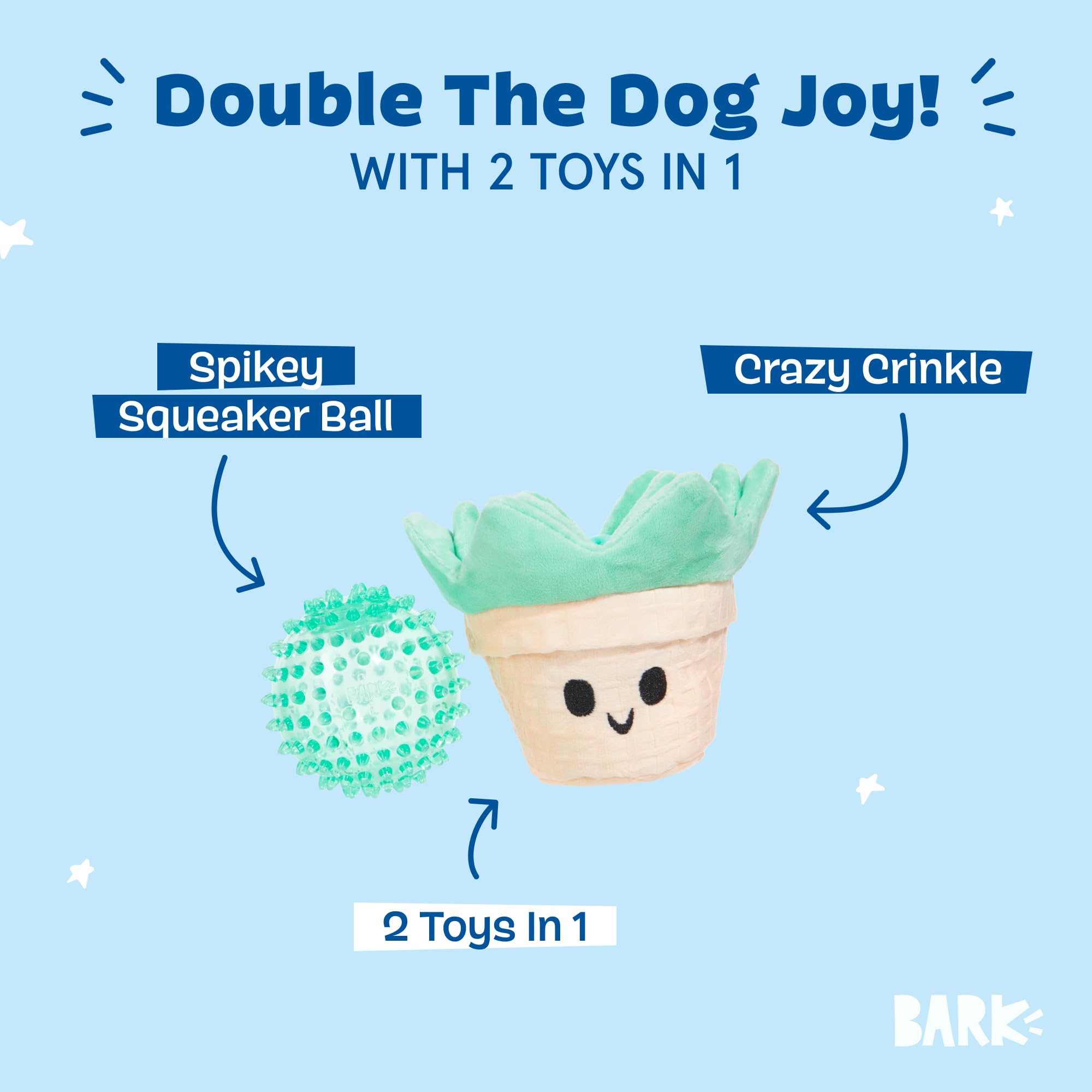 BARK Dog Toy Suki Succulent 2 In 1 Toy for Dogs Plush Cactus with Spiky Squeaker Ball, Whip-N-Flip Leaves, Crazy Crinkle - Image 2