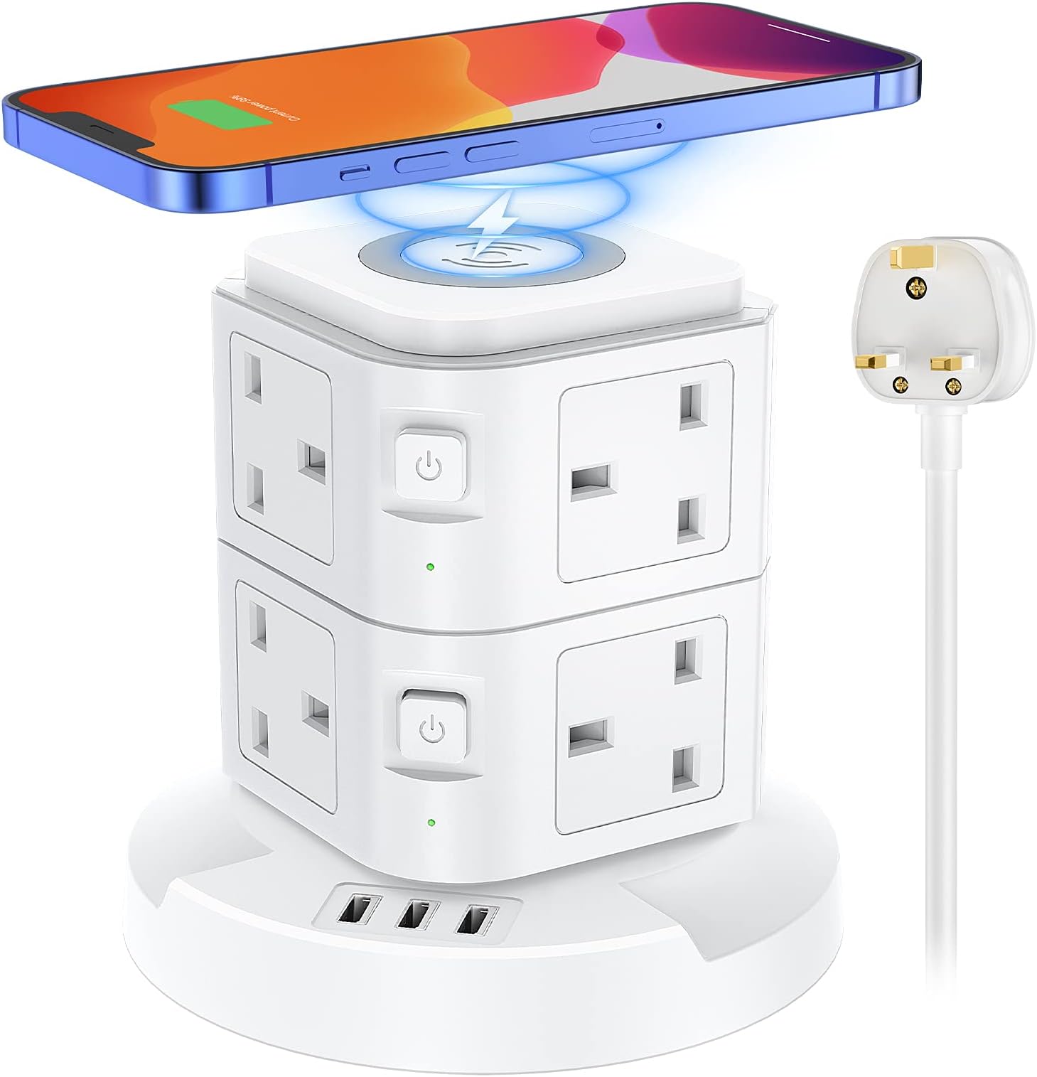 Tower Extension Lead with 3 USB, 8 Way Power Strip Surge Protection 10W Wireless Charging, Extension Multi Plug Tower Overload Protection Switched for Desktop Office Home, 2500W, 2M Extension Cord
