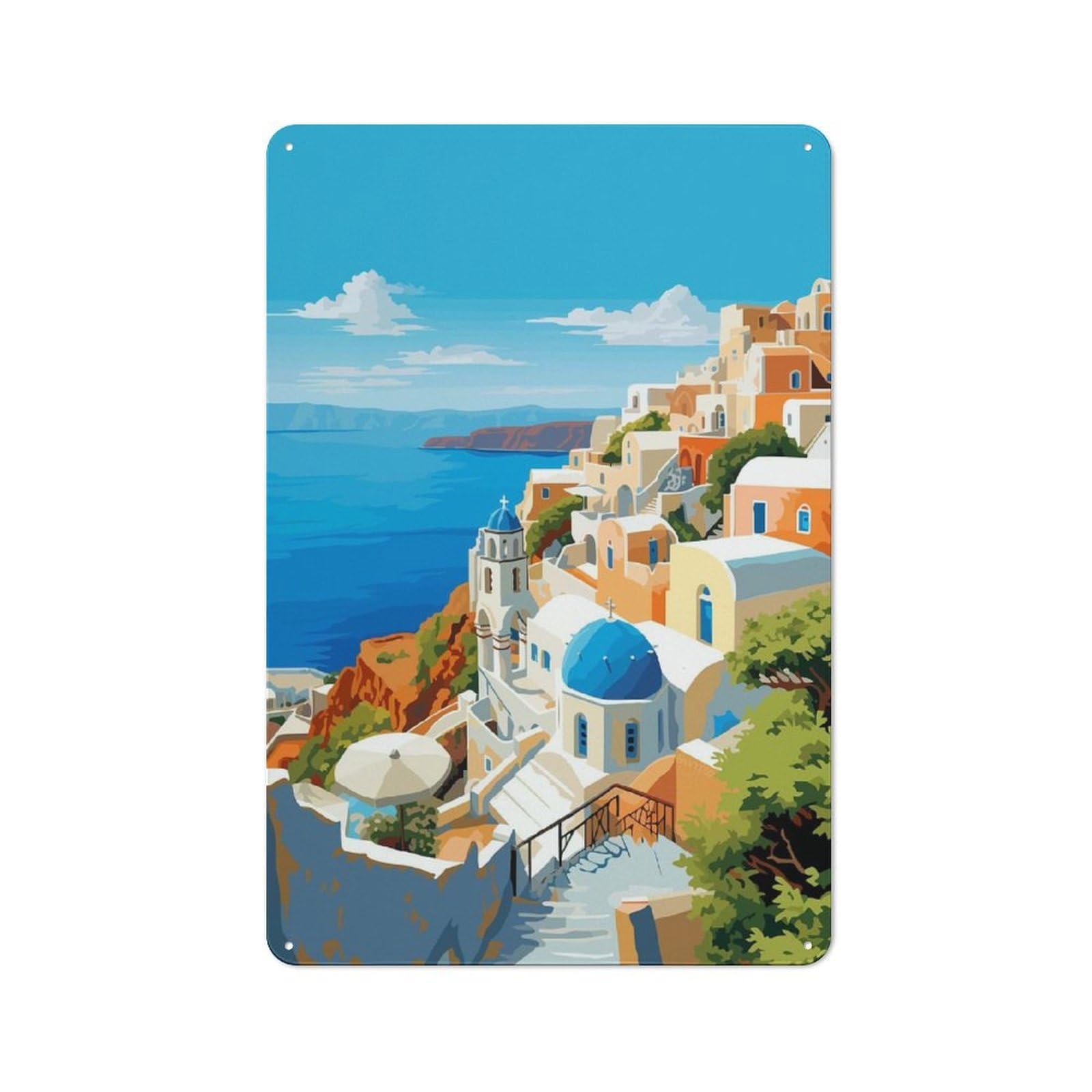 Junmoney Style-19 Spring Santorini Travel Decorative Metal Sign 30X20cm, Country Style Bistro Wall Plaque For Kitchen, Cafe, Pantry Or Dining Room
