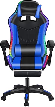 Ergonomic Gaming Chair, Executive Office Chair with RGB LED Lights, Computer Chair with Adjustable Reclining Backrest, Retractable Footrest, Massage Lumbar Support, 360  Swivel Seat for Adults Black