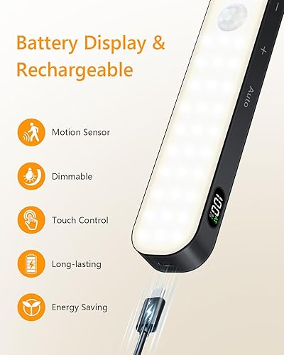 Miniatura 7 de Ferswe Luces de armario recargables, pantalla de nivel de batería, luces regulables, luz con sensor de movimiento de 3000 K para interiores, 60